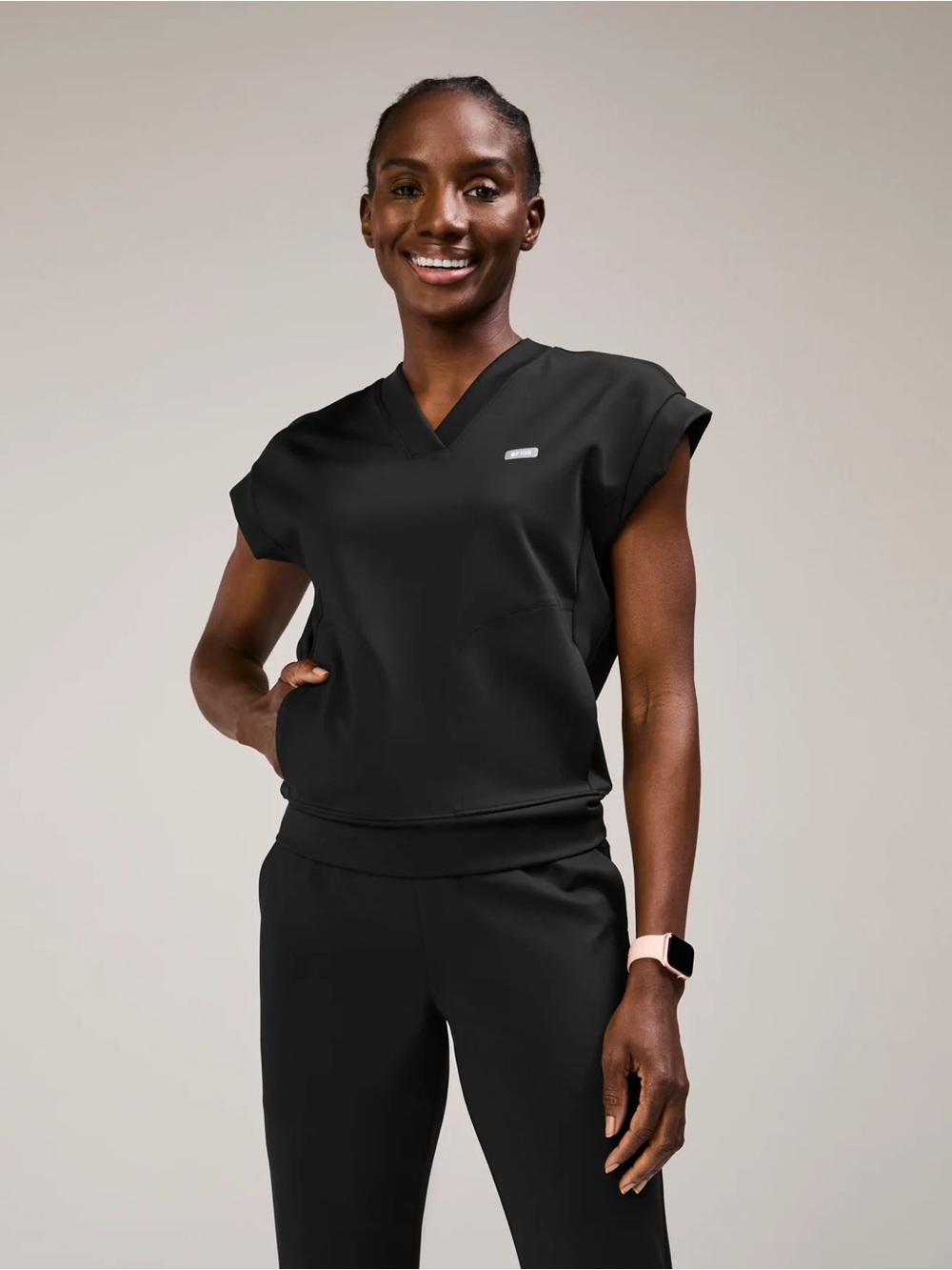 FIGS Black Sleeveless Mira Banded Scrub Top